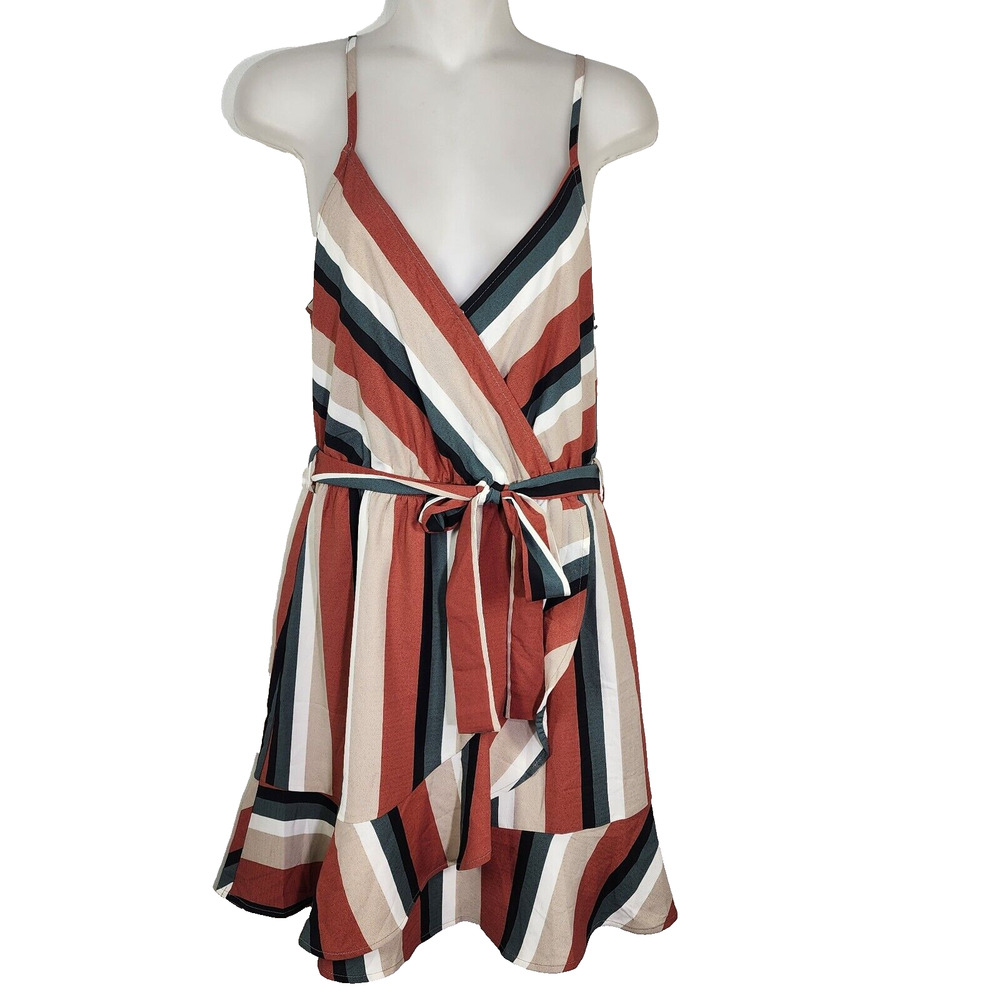 Plush Boutique Dress Small Wrap Tie Belt Ruffled Spaghetti Straps Striped V Neck